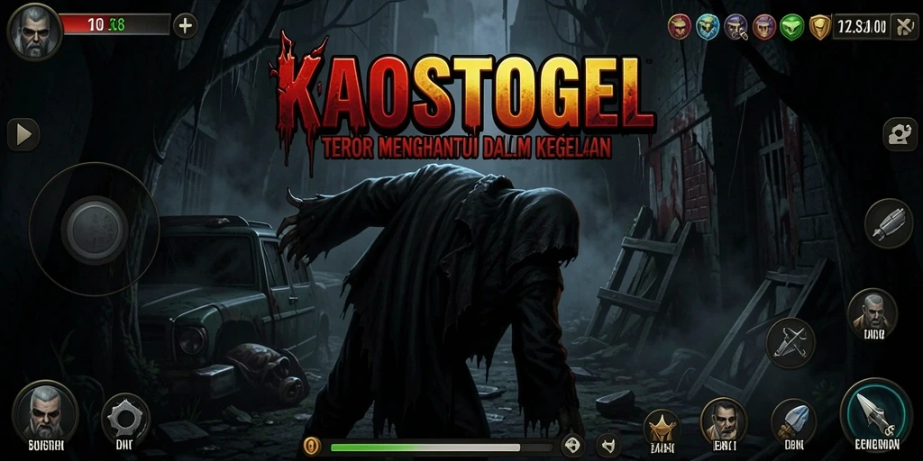 Screenshot menampilkan gameplay mencekam KAOSTOGEL dengan suasana yang menyeramkan.