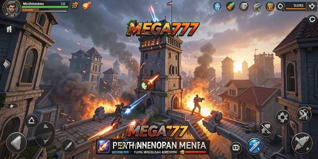 Screenshot utama MEGA777 menampilkan aksi menara mempertahankan markas.